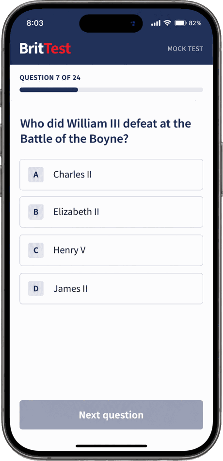 BritTest on a phone, showing a practice question with four answers